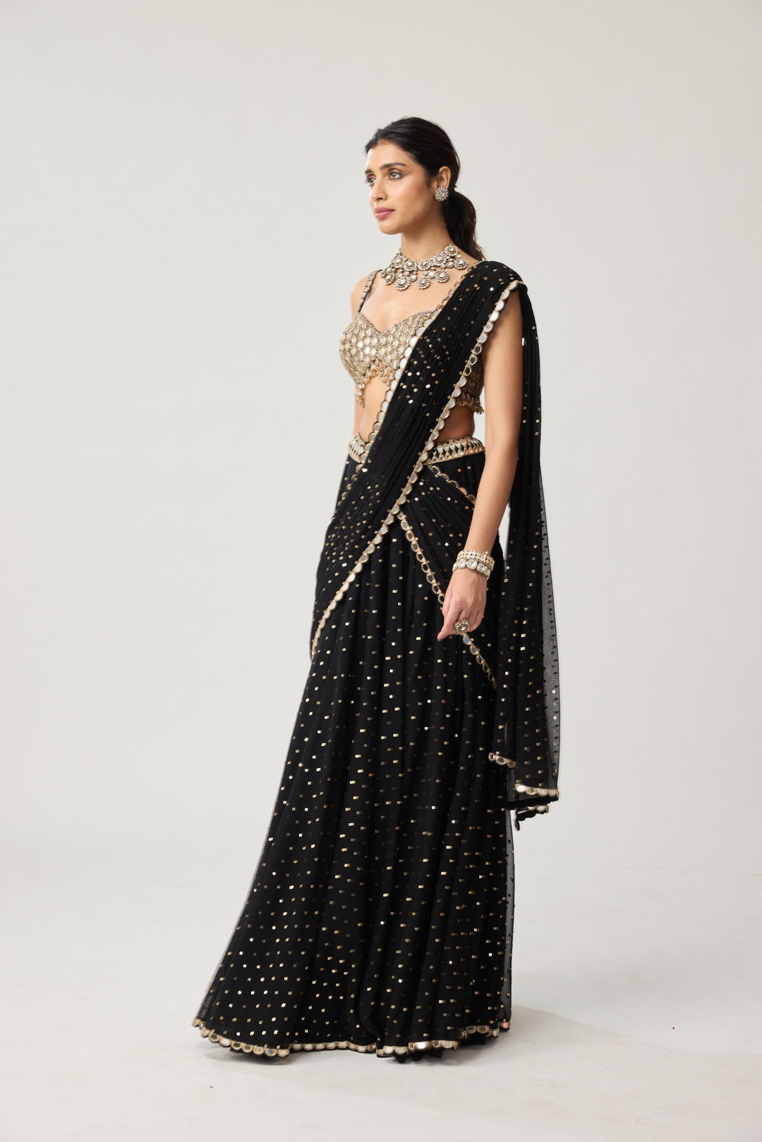 Black Georgette Flared Pants Saree Set
