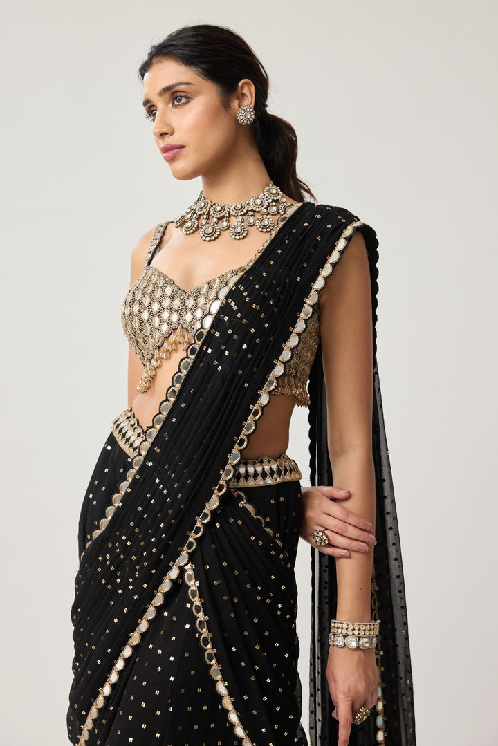 Black Georgette Flared Pants Saree Set