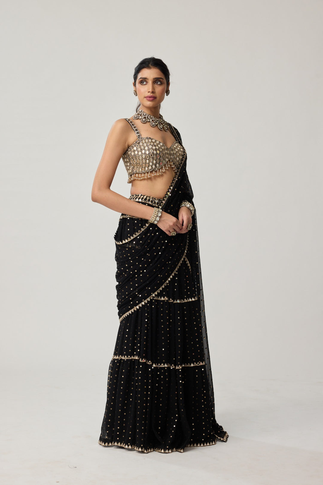 Black Georgette Multi-Tier Saree Set