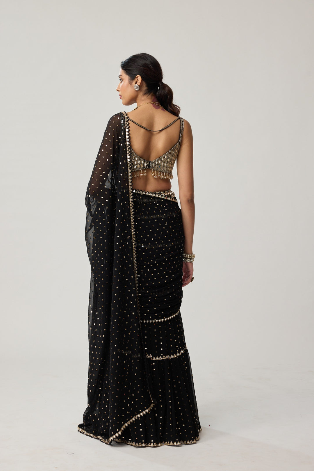 Black Georgette Multi-Tier Saree Set