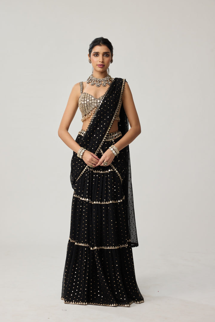 Black Georgette Multi-Tier Saree Set