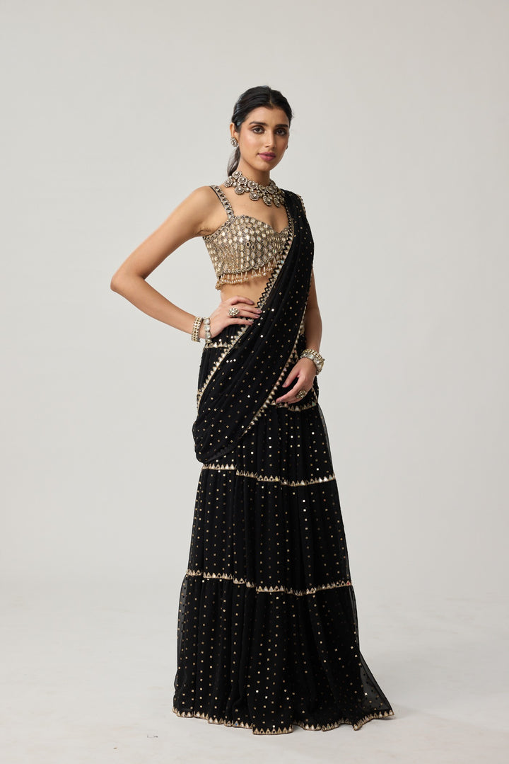 Black Georgette Multi-Tier Saree Set