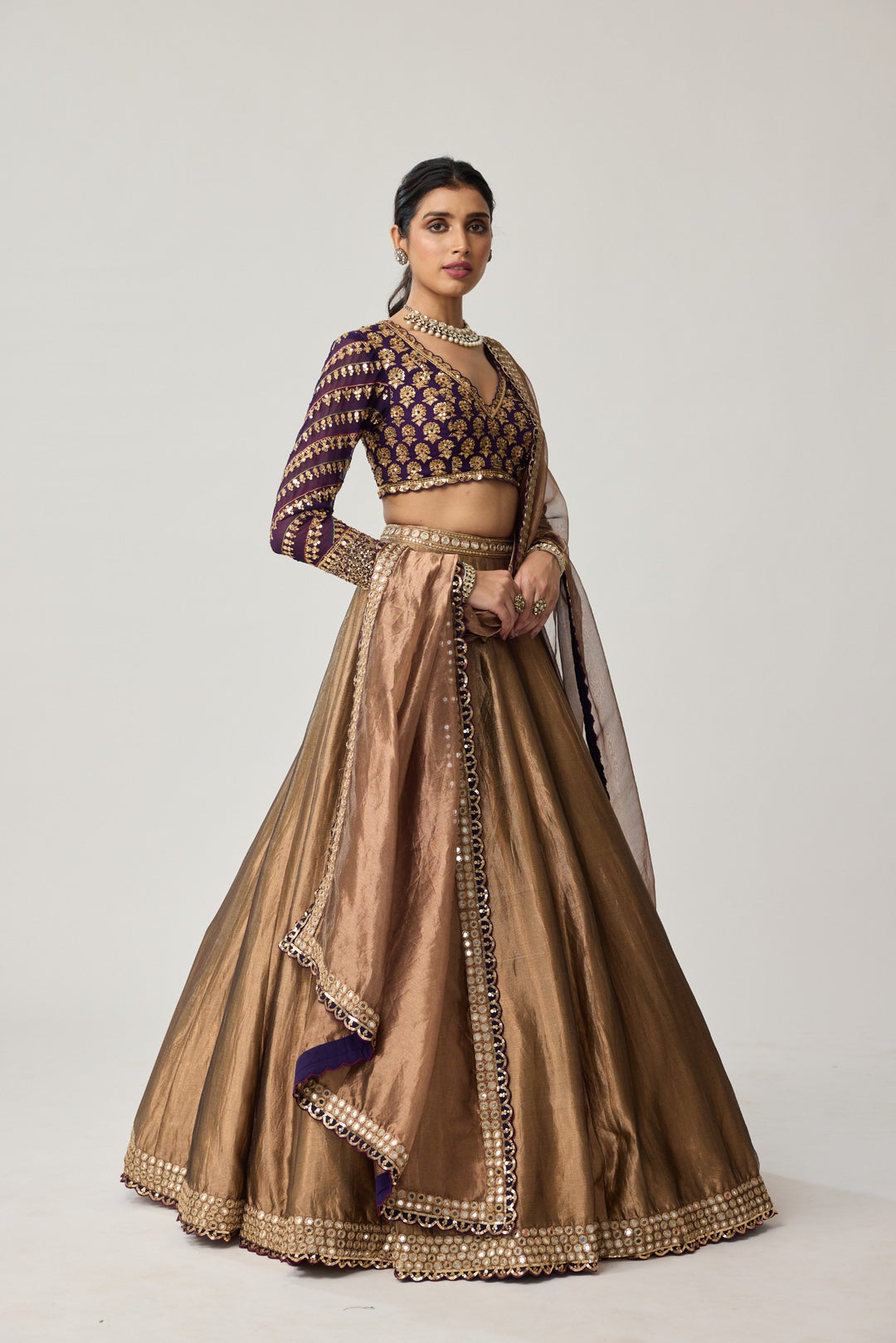 Copper Tissue Mughal Motif Lehenga Set