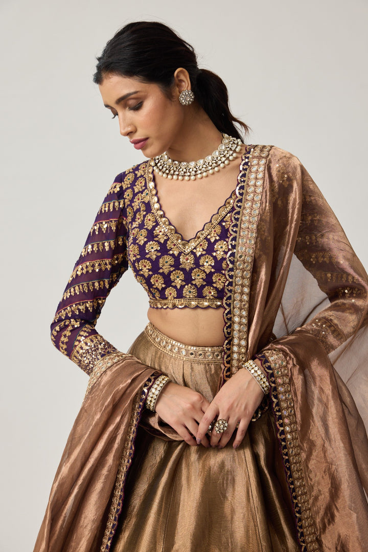 Copper Tissue Mughal Motif Lehenga Set