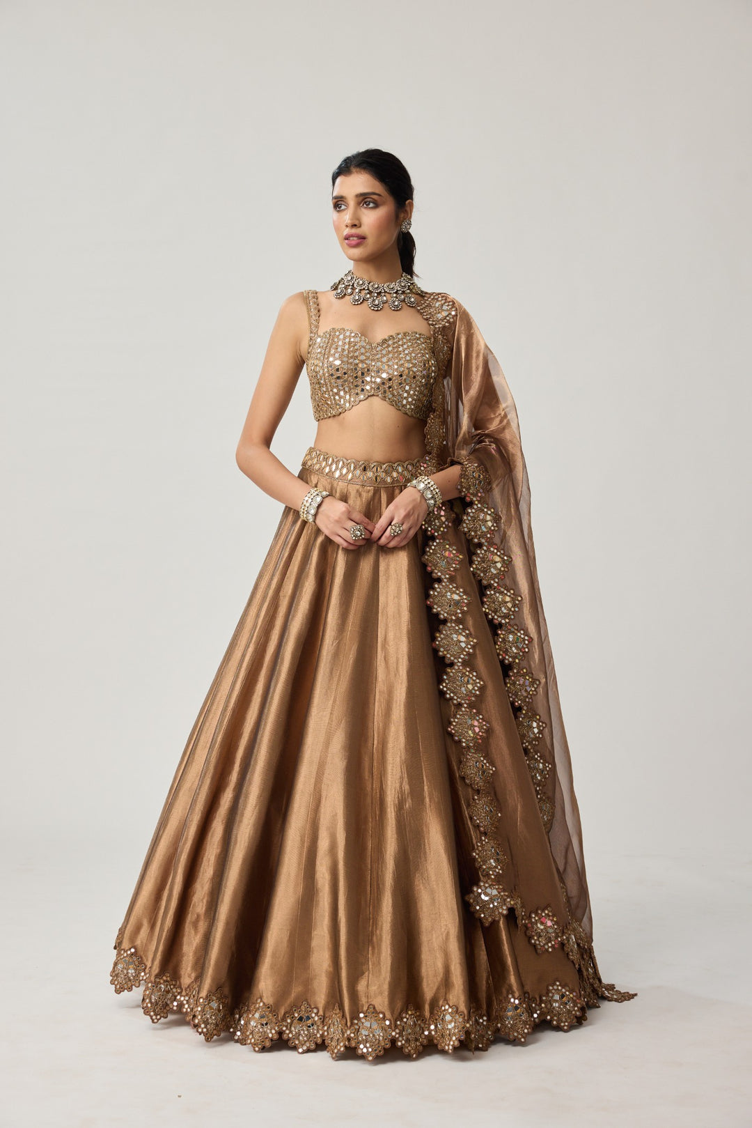 Copper Tissue Mirror Geometry Lehenga Set