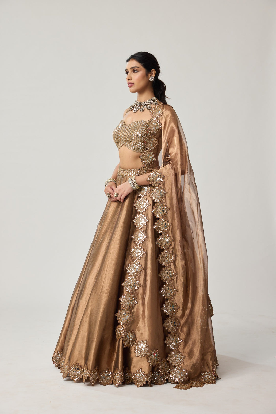 Copper Tissue Mirror Geometry Lehenga Set