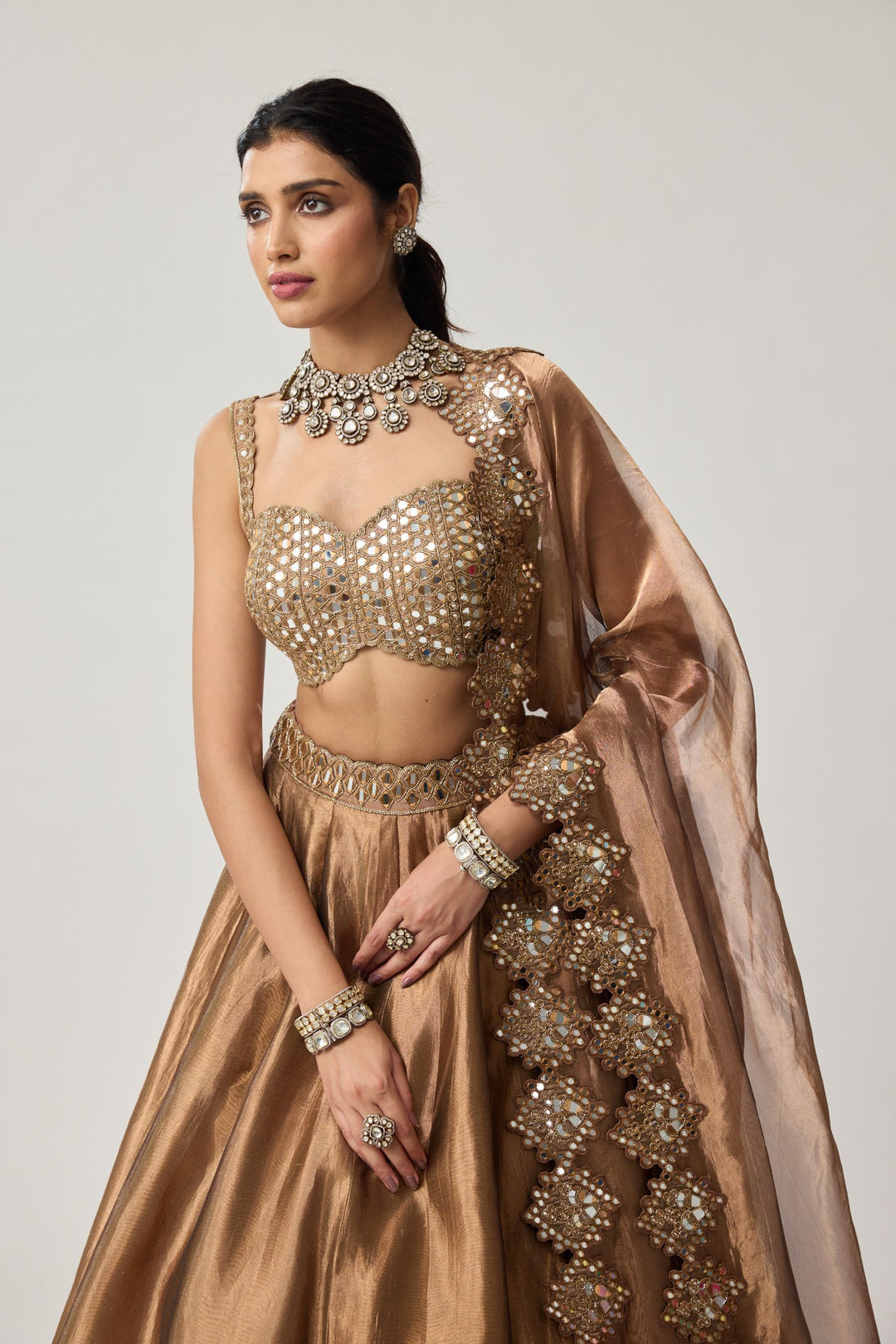 Copper Tissue Mirror Geometry Lehenga Set