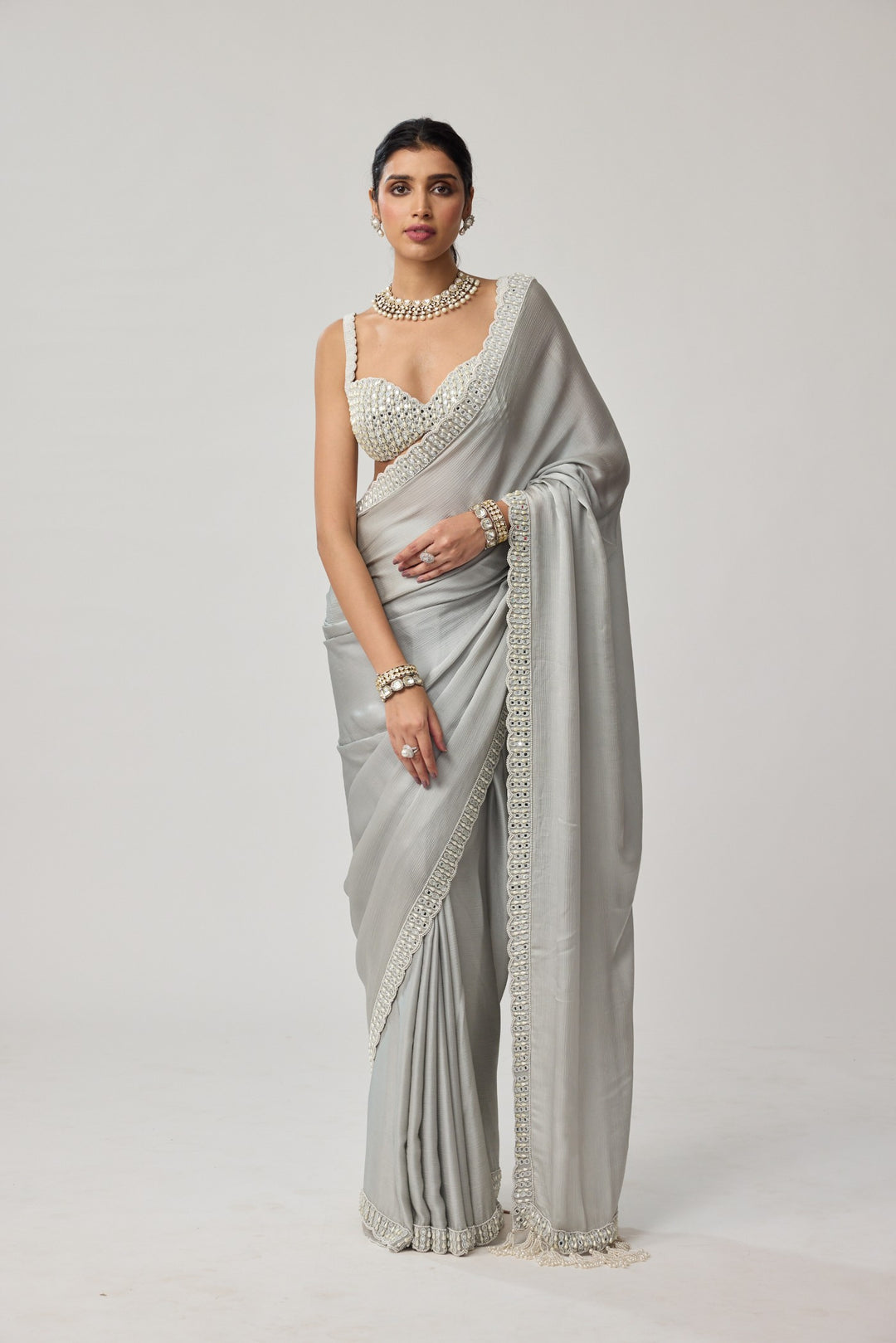 Powder Grey Chiffon Pearl And Mirror Saree Set