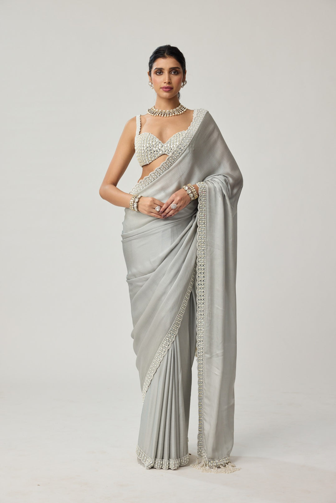 Powder Grey Chiffon Pearl And Mirror Saree Set