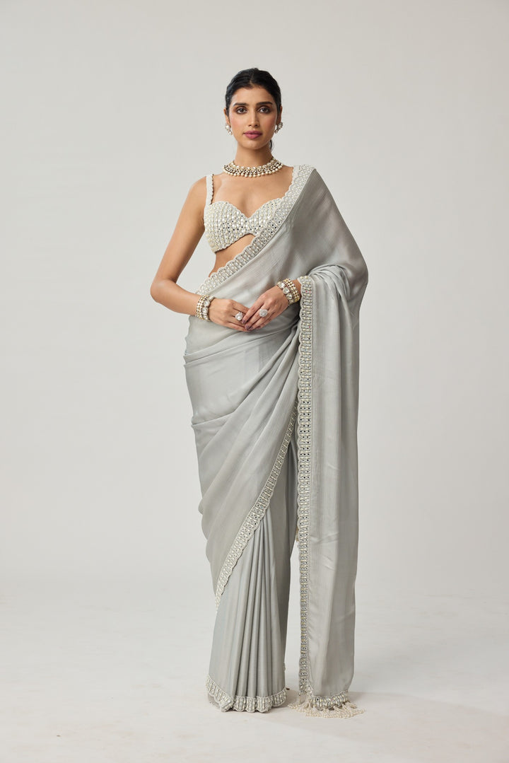 Powder Grey Chiffon Pearl And Mirror Saree Set