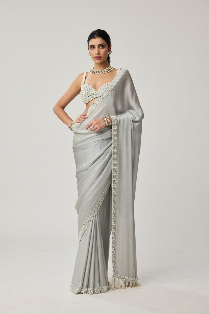 Powder Grey Chiffon Pearl And Mirror Saree Set
