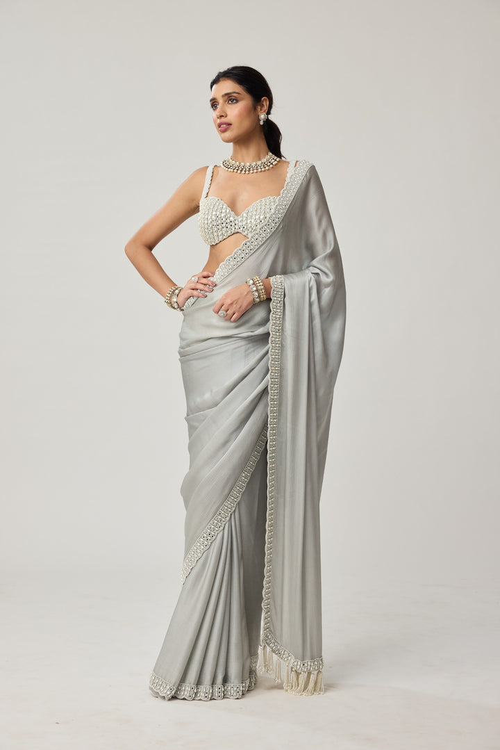 Powder Grey Chiffon Pearl And Mirror Saree Set