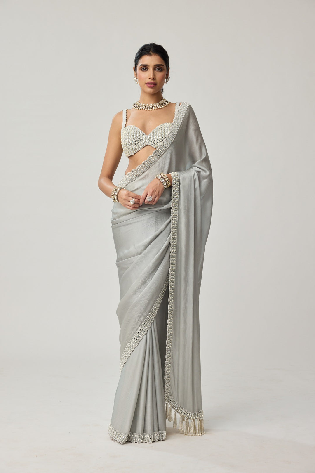 Powder Grey Chiffon Pearl And Mirror Saree Set
