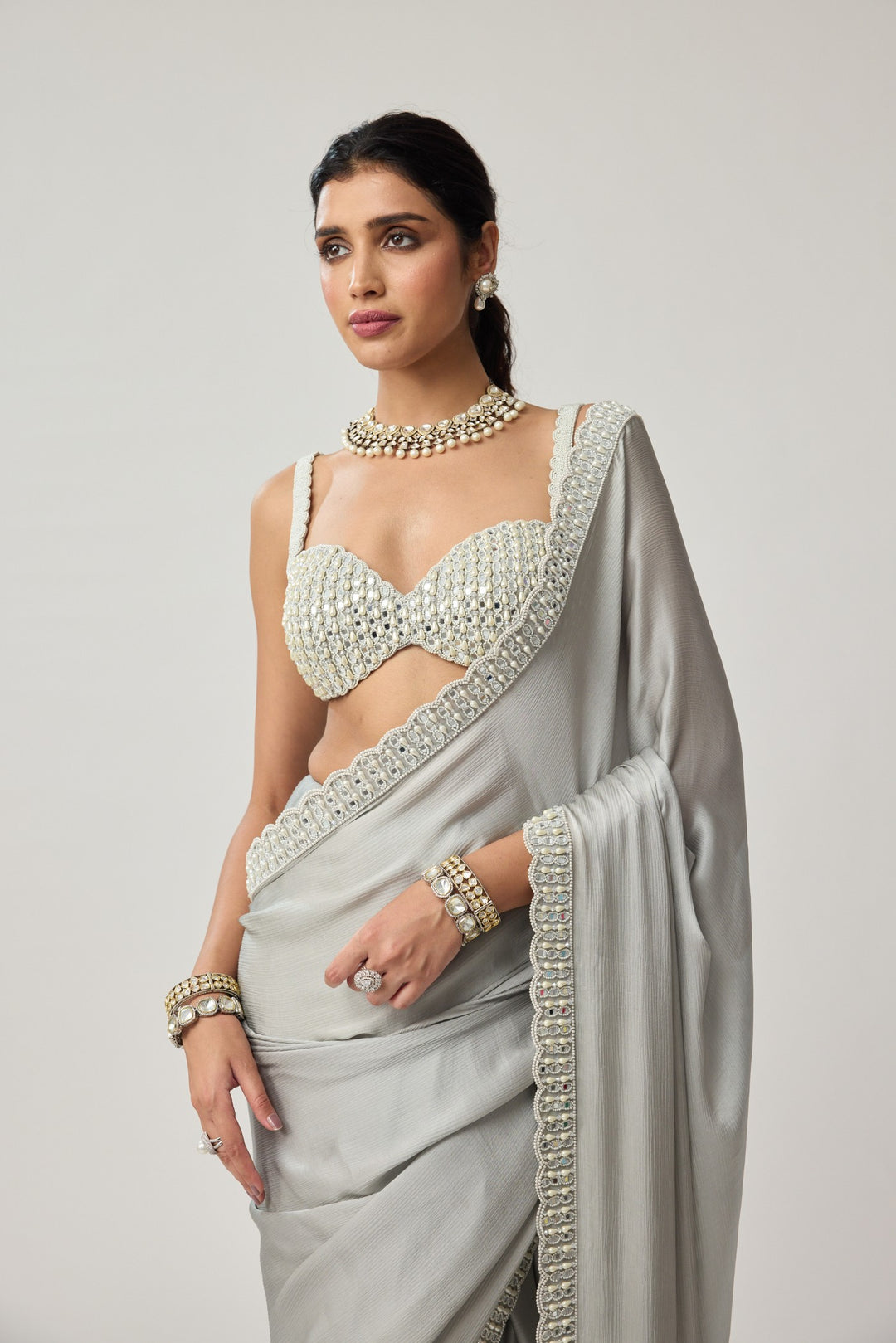Powder Grey Chiffon Pearl And Mirror Saree Set