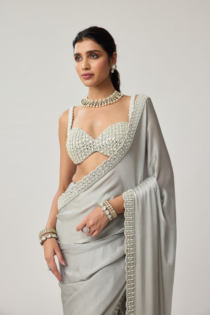 Powder Grey Chiffon Pearl And Mirror Saree Set