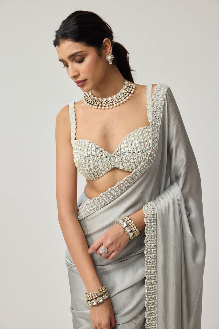 Powder Grey Chiffon Pearl And Mirror Saree Set