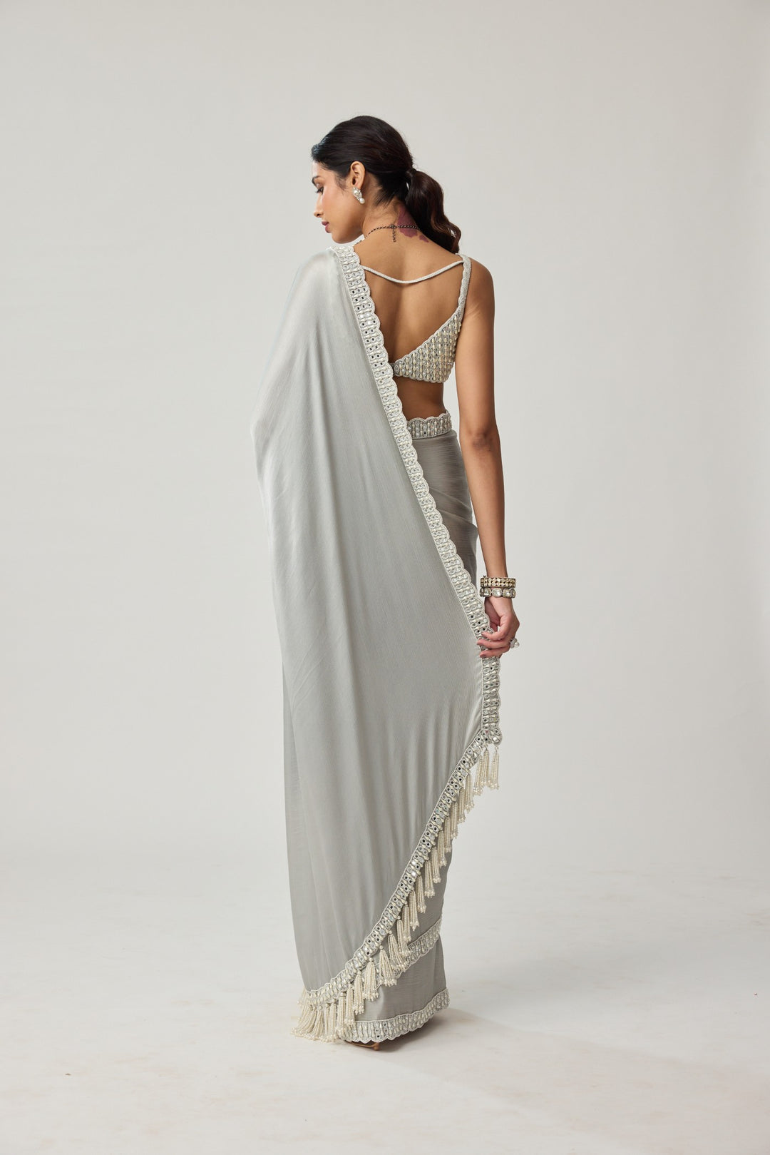 Powder Grey Chiffon Pearl And Mirror Saree Set