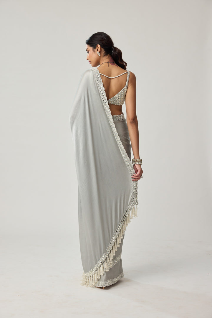 Powder Grey Chiffon Pearl And Mirror Saree Set