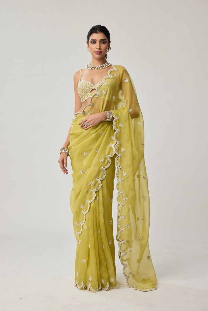 Fern Green Organza Mirror And Pearl Saree Set