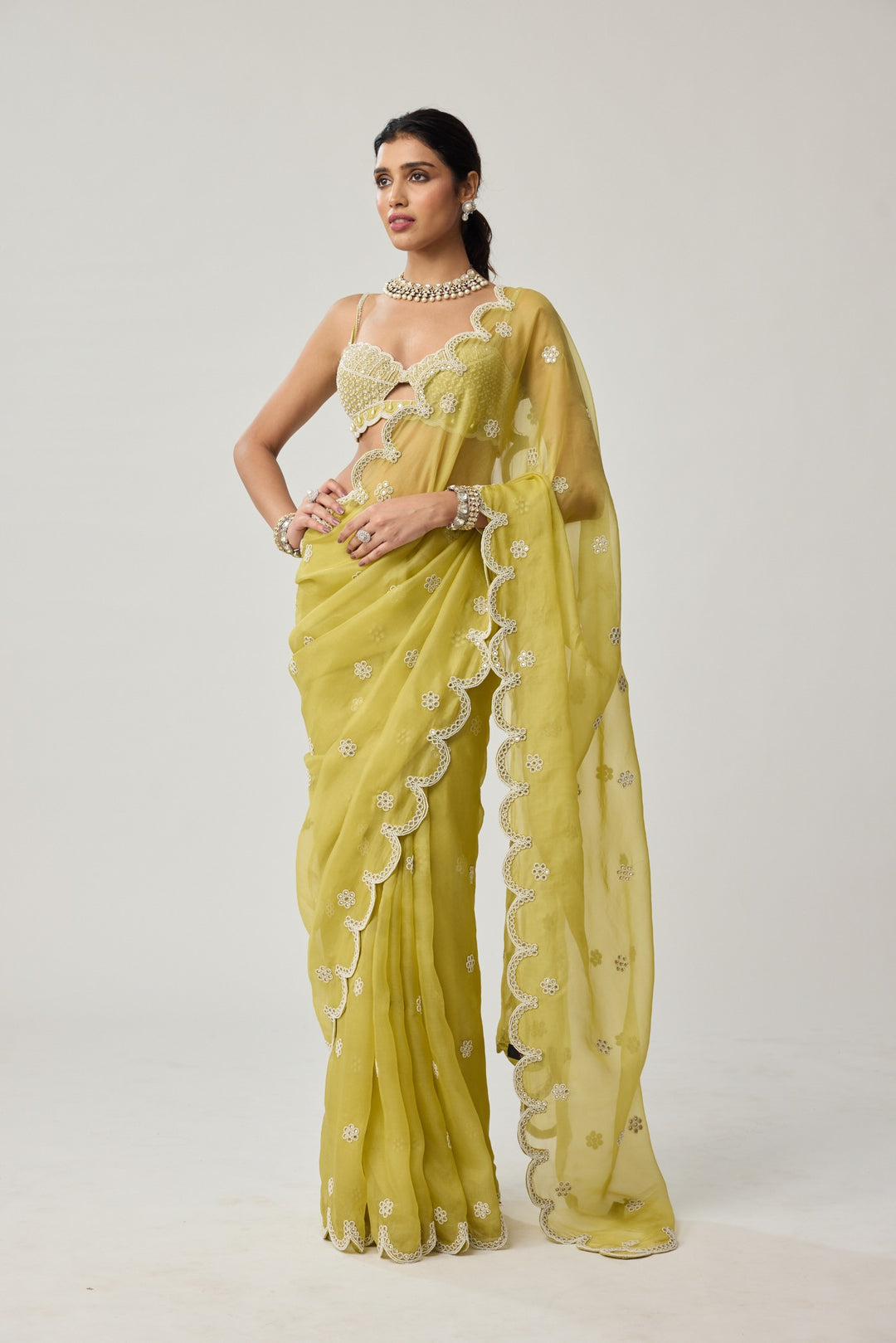 Fern Green Organza Mirror And Pearl Saree Set