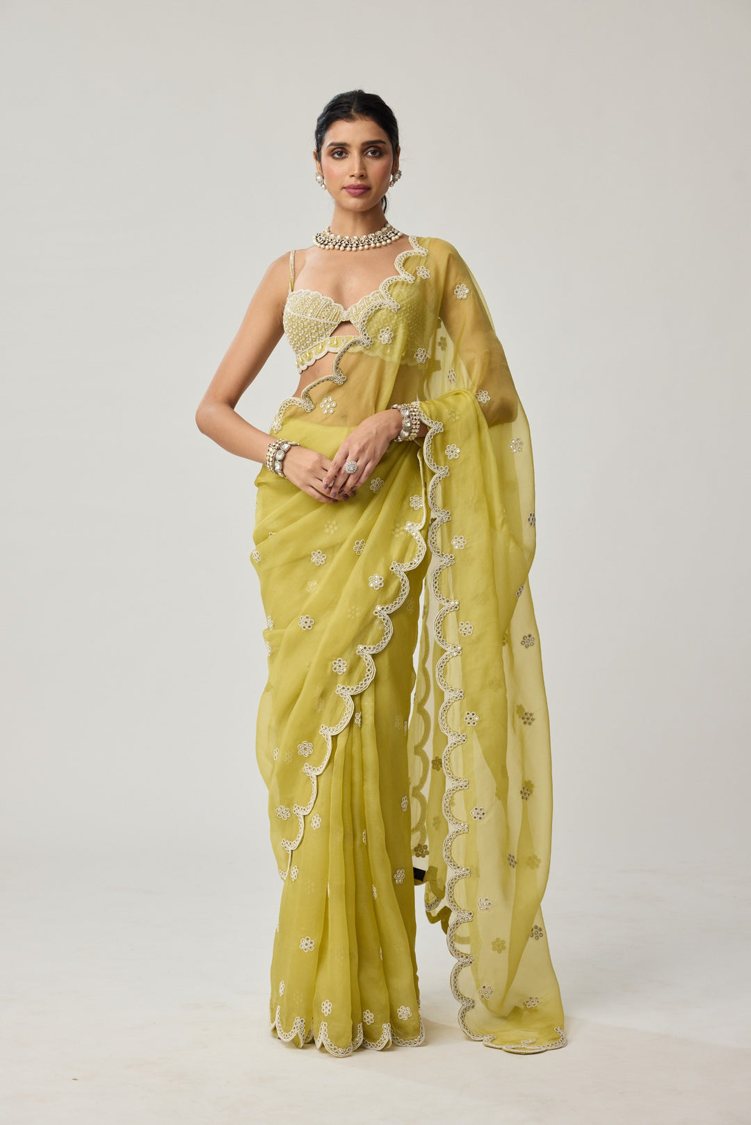 Fern Green Organza Mirror And Pearl Saree Set