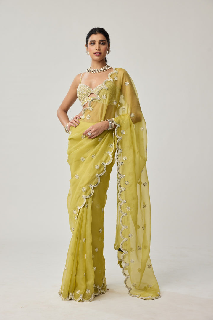 Fern Green Organza Mirror And Pearl Saree Set