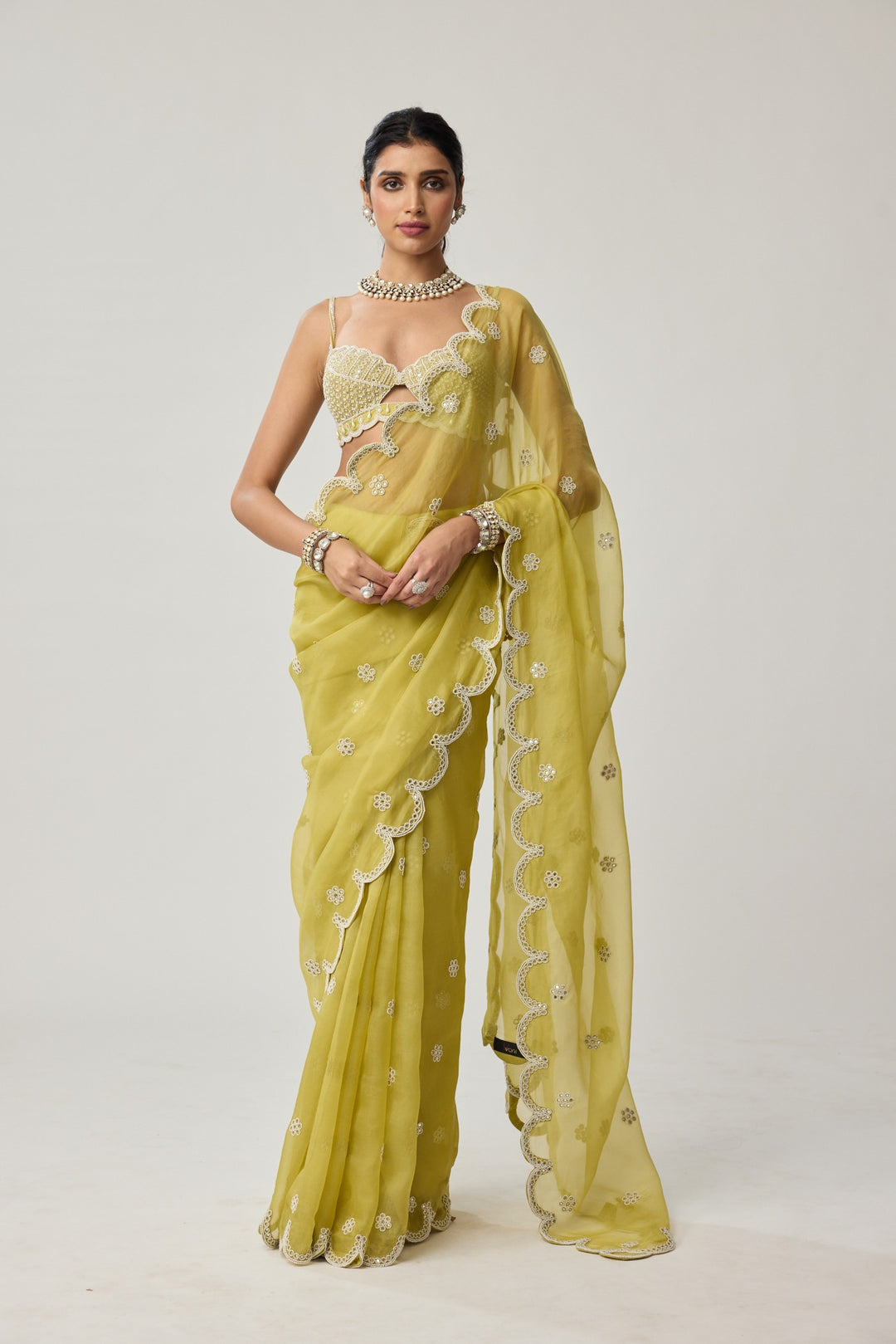 Fern Green Organza Mirror And Pearl Saree Set