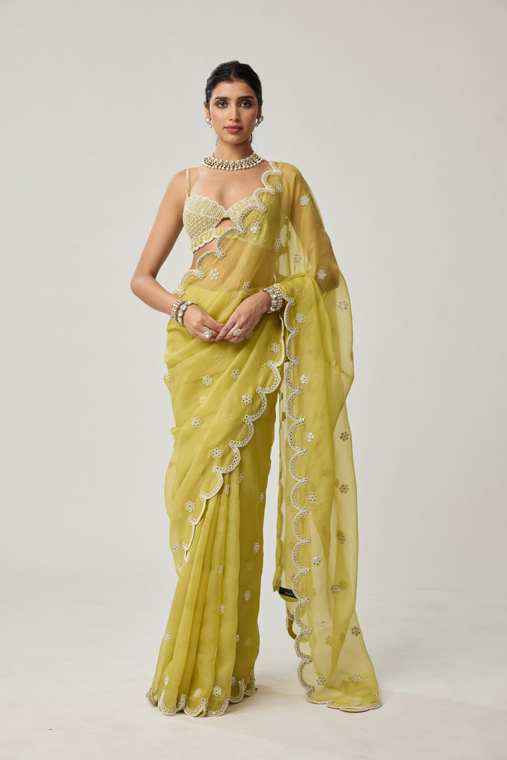 Fern Green Organza Mirror And Pearl Saree Set