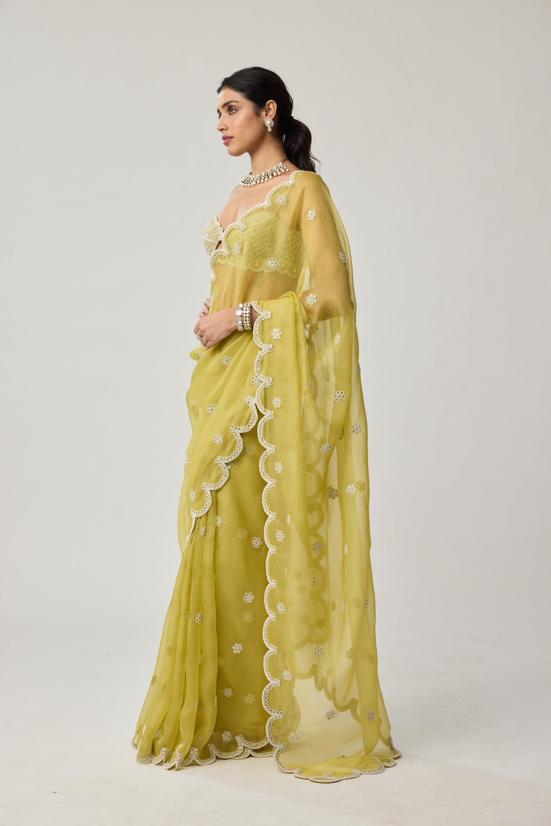 Fern Green Organza Mirror And Pearl Saree Set