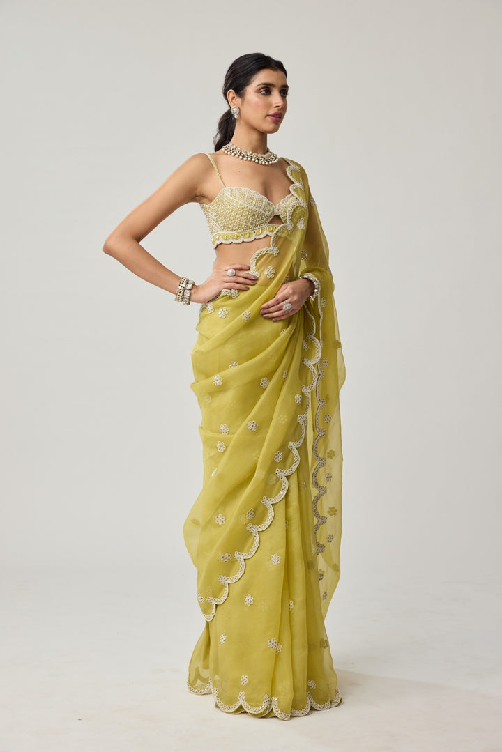 Fern Green Organza Mirror And Pearl Saree Set