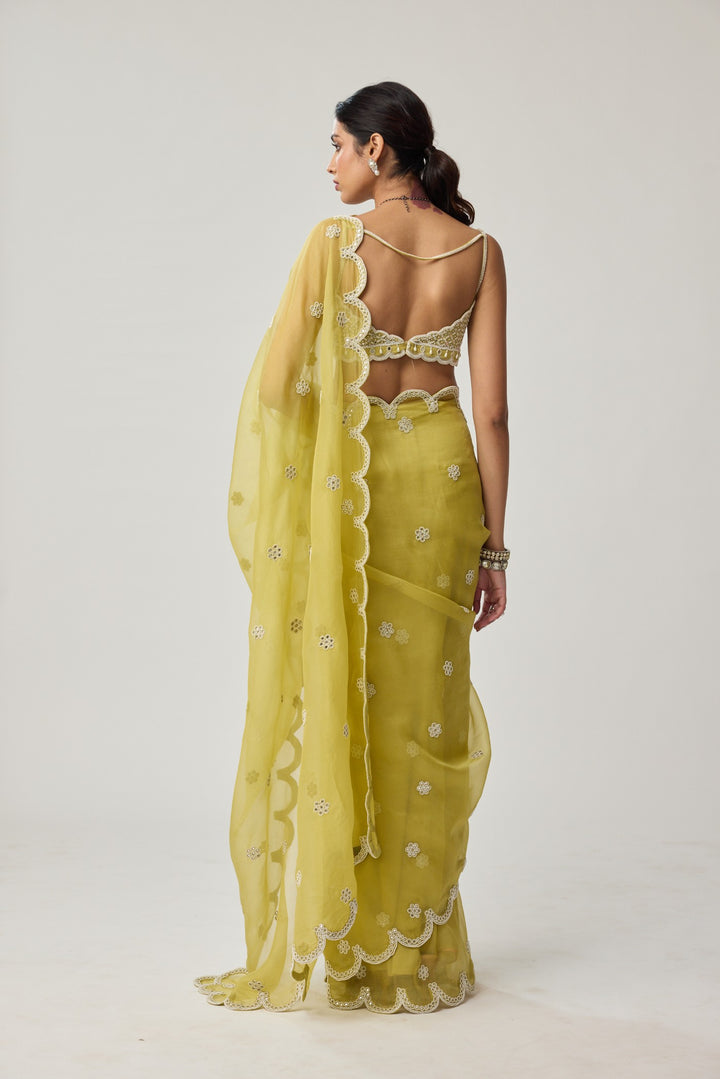 Fern Green Organza Mirror And Pearl Saree Set