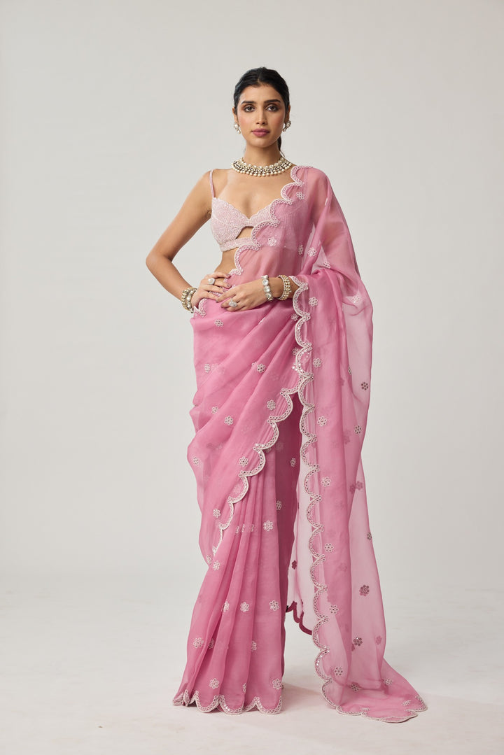 Onion Pink Organza Pearl Saree Set