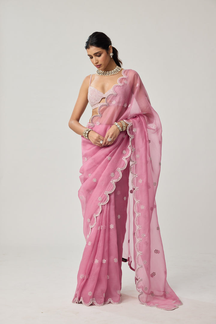 Onion Pink Organza Pearl Saree Set