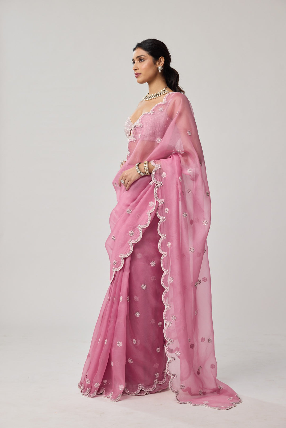 Onion Pink Organza Pearl Saree Set