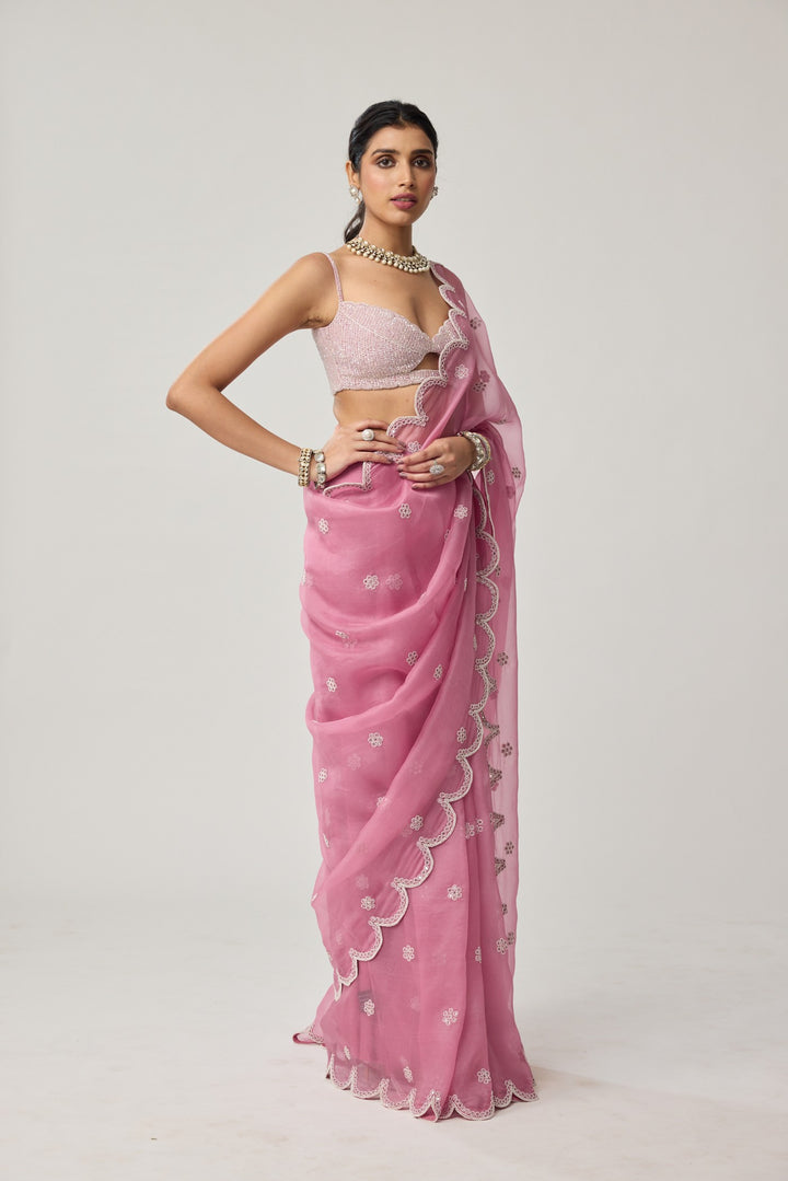 Onion Pink Organza Pearl Saree Set