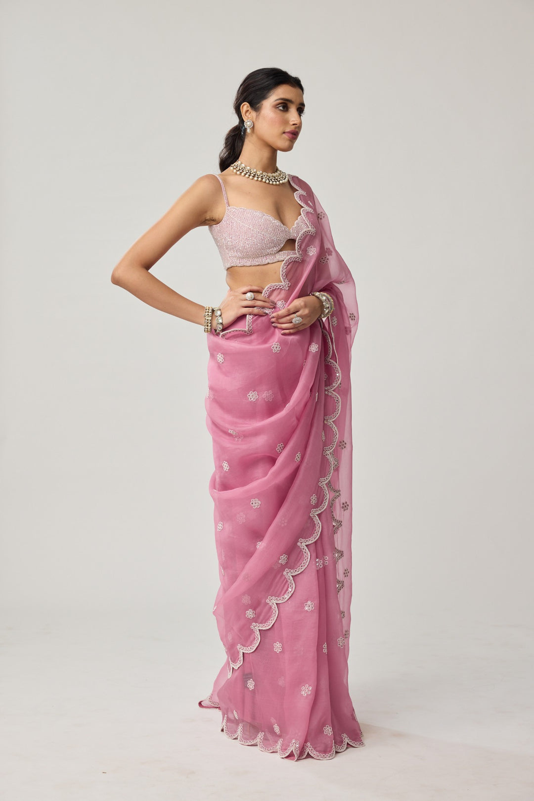 Onion Pink Organza Pearl Saree Set