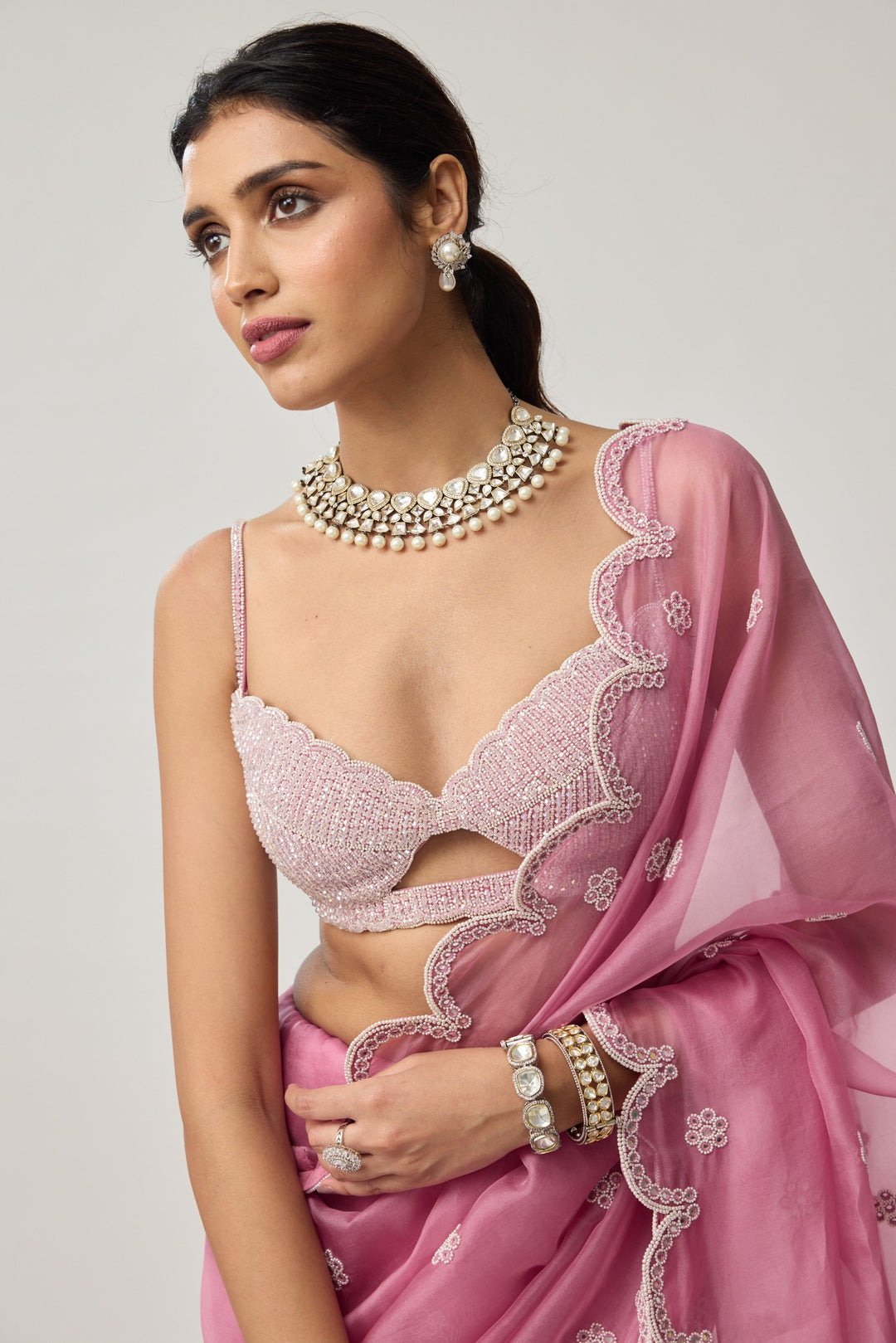 Onion Pink Organza Pearl Saree Set