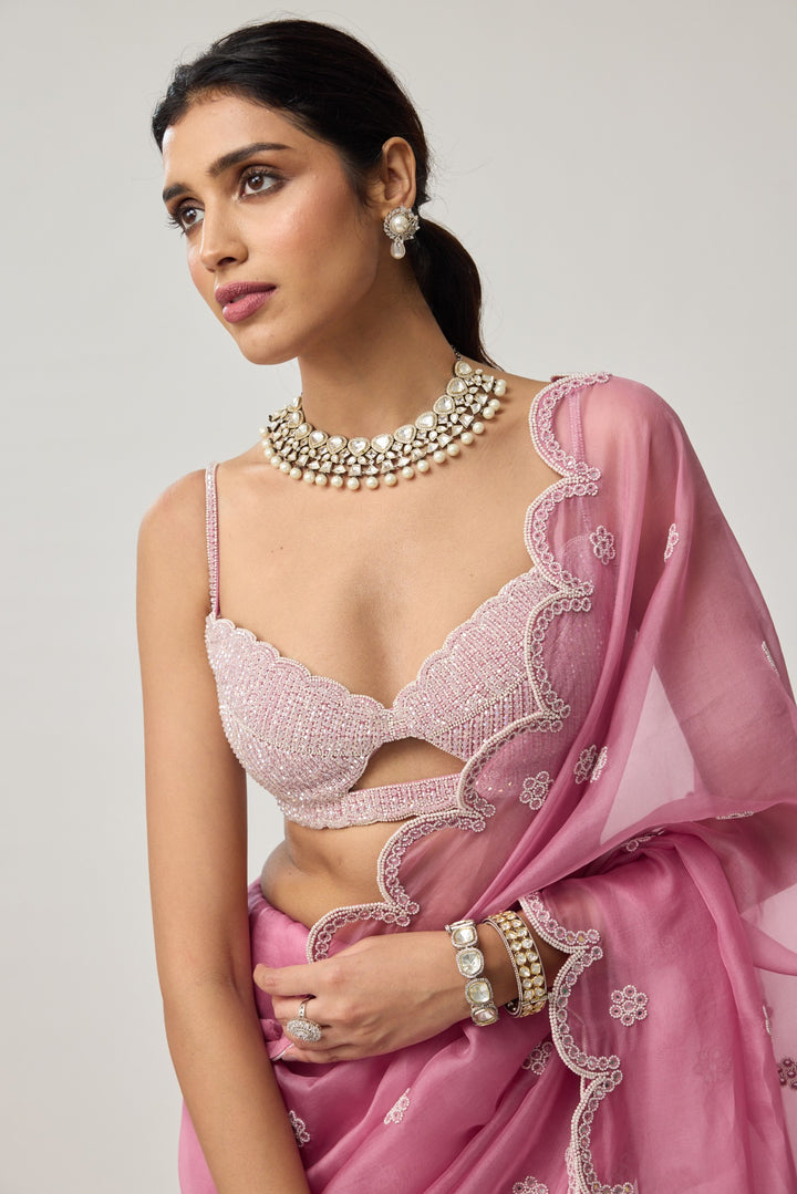 Onion Pink Organza Pearl Saree Set