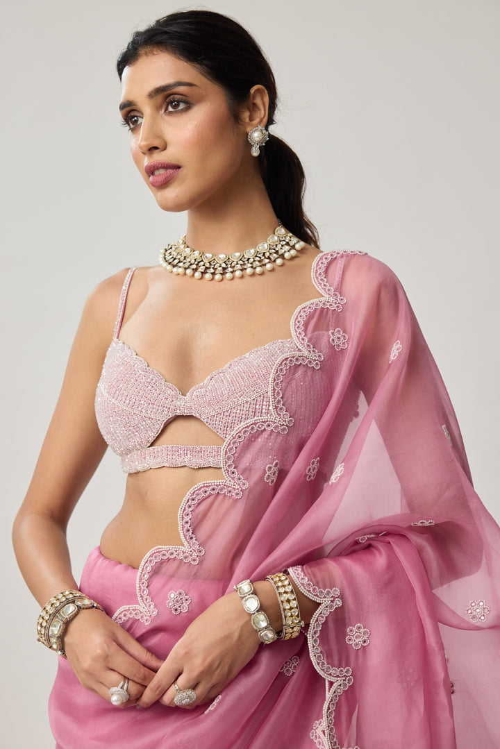 Onion Pink Organza Pearl Saree Set