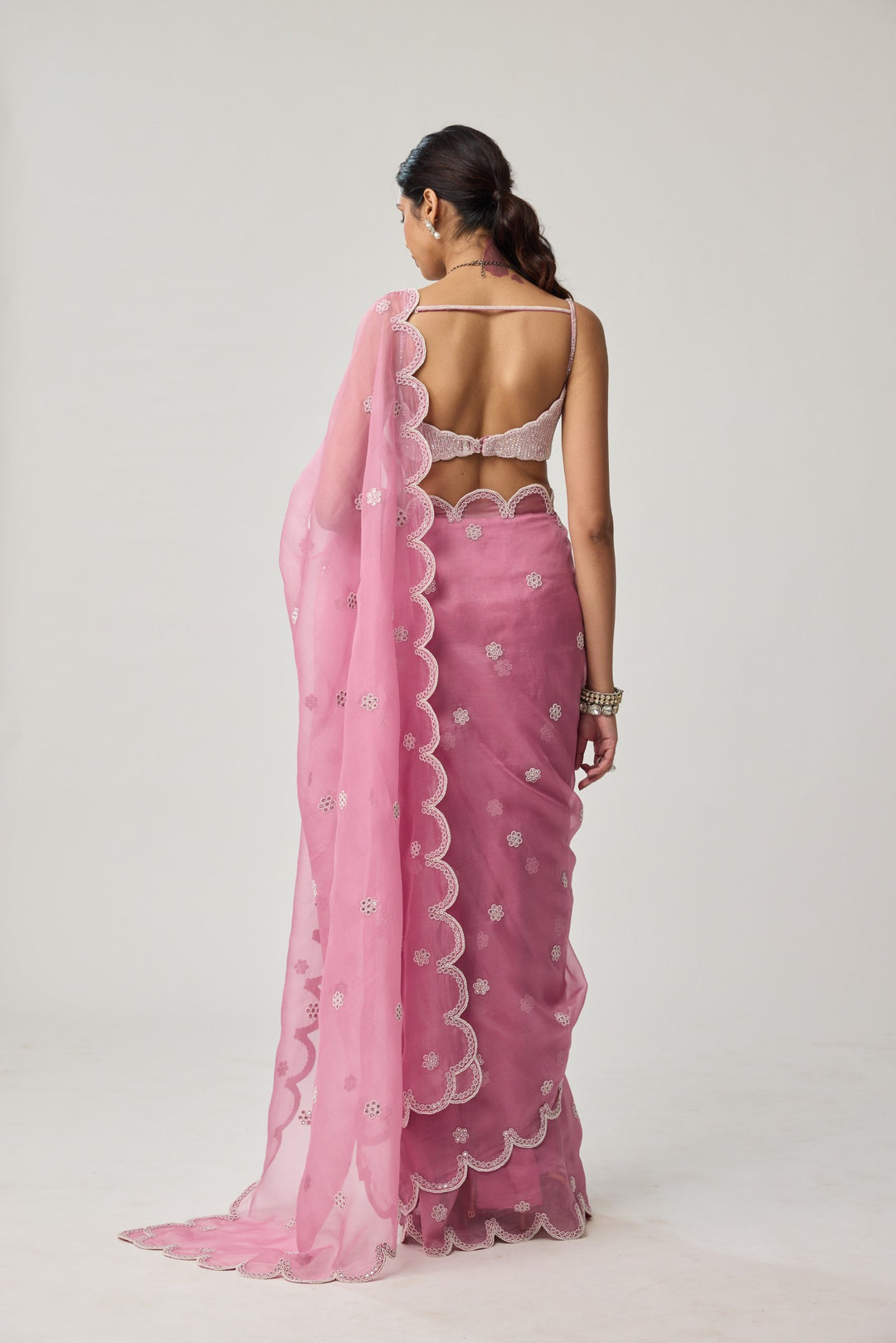 Onion Pink Organza Pearl Saree Set