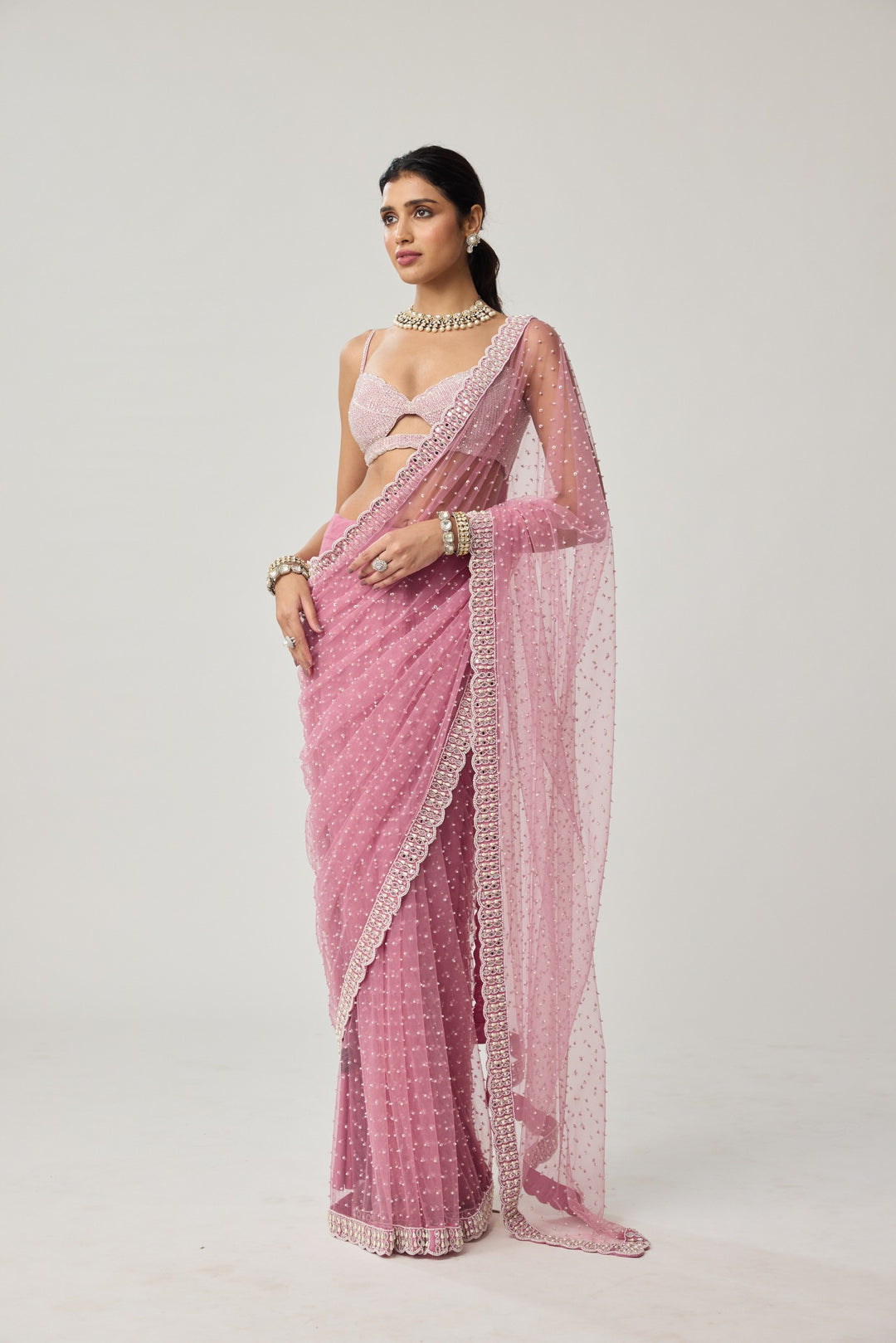 Onion Pink Pearl Scattered Net Saree Set