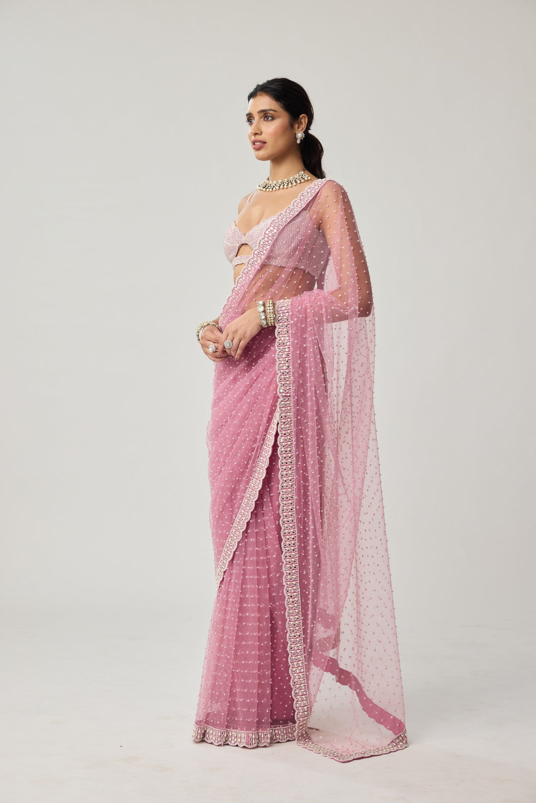Onion Pink Pearl Scattered Net Saree Set