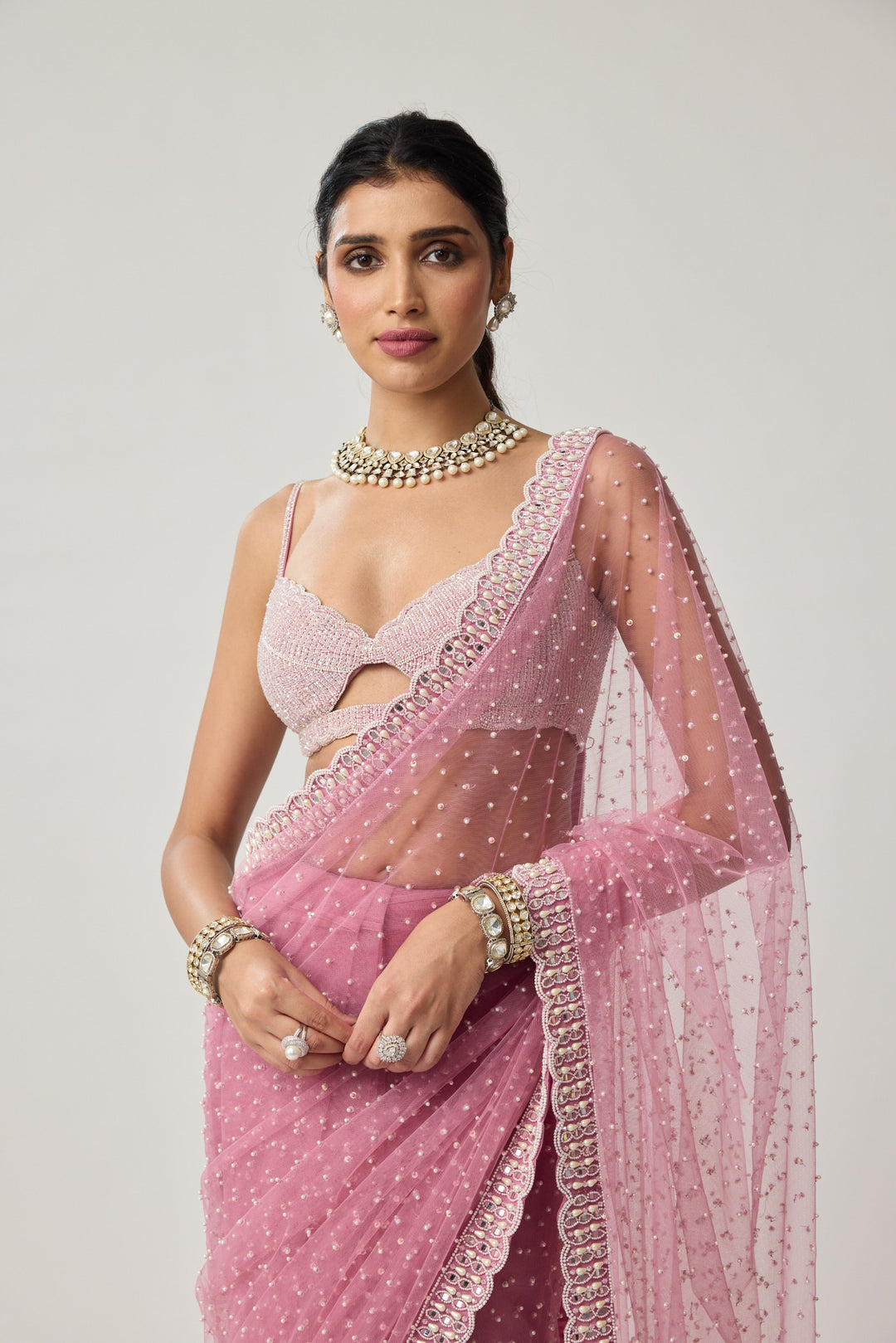 Onion Pink Pearl Scattered Net Saree Set