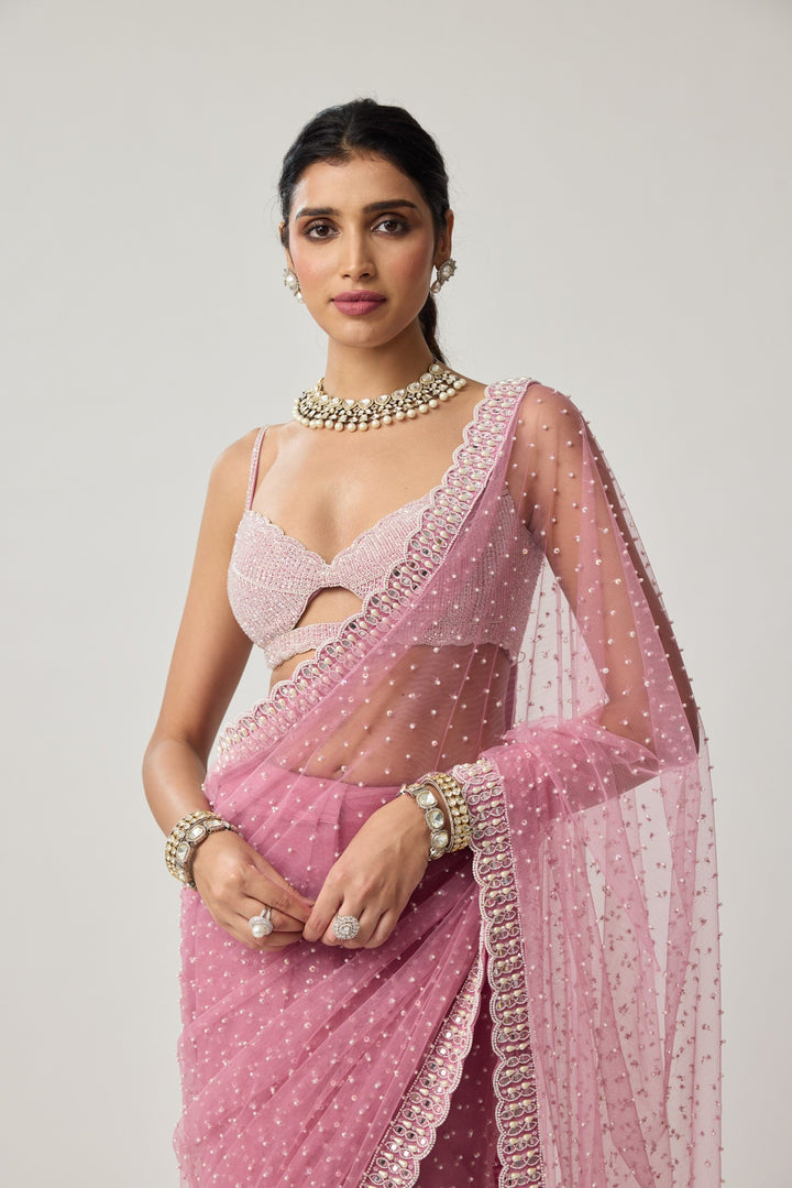 Onion Pink Pearl Scattered Net Saree Set