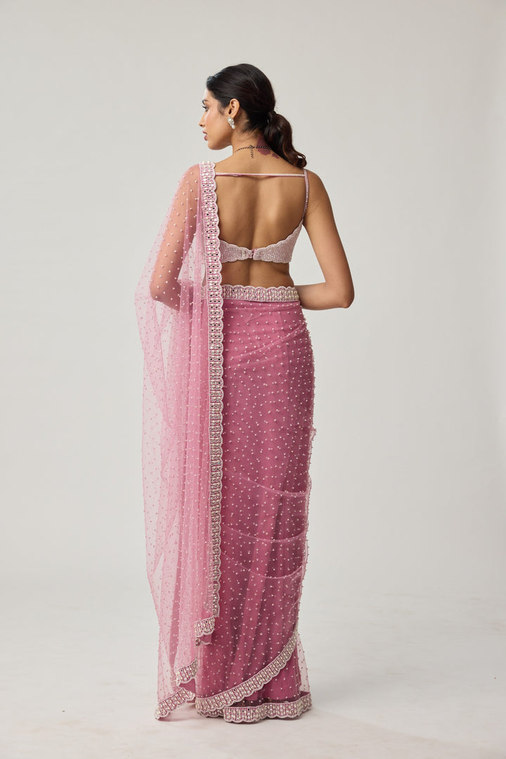 Onion Pink Pearl Scattered Net Saree Set