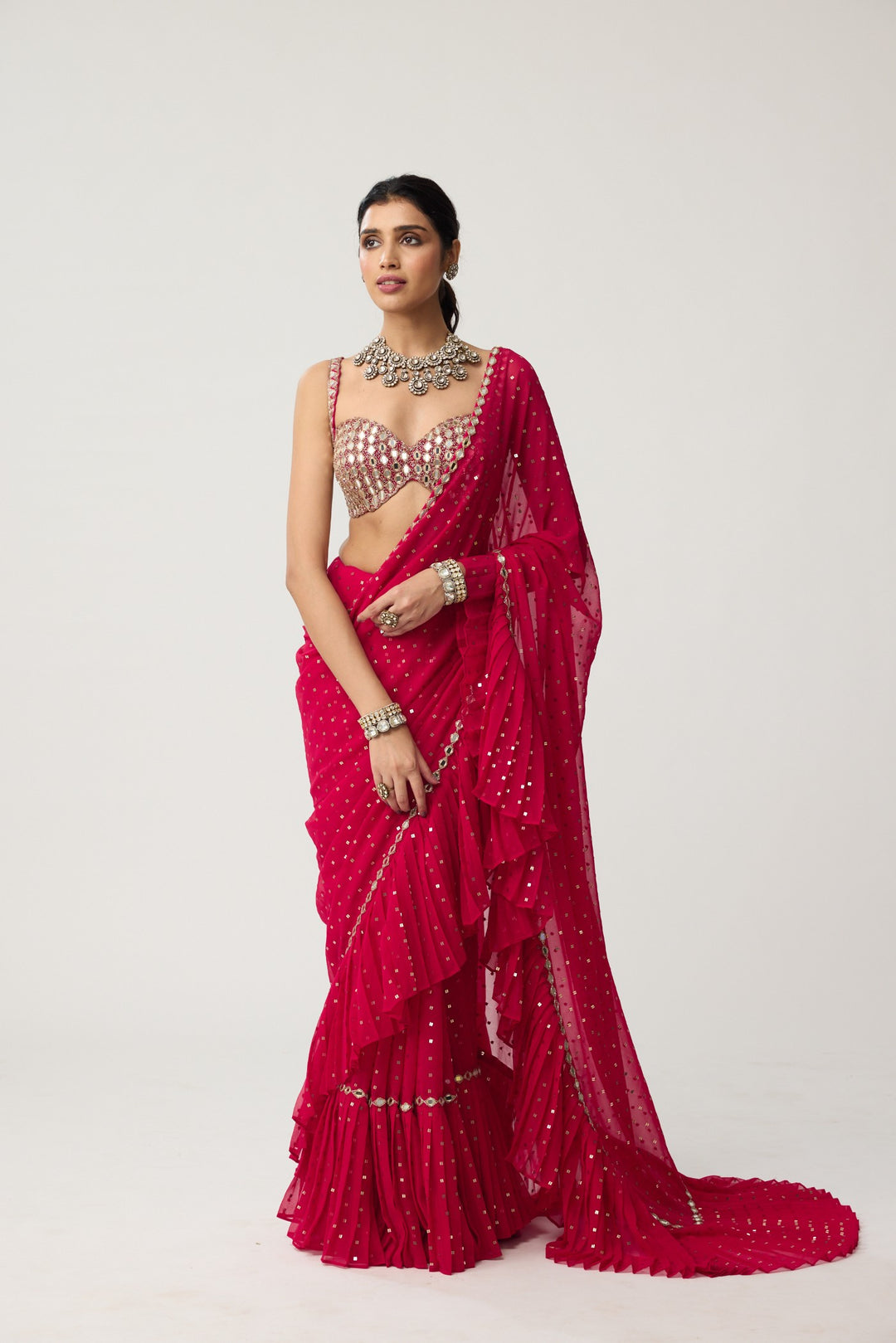 Crimson Red Ruffle Sequins Mirror Saree Set