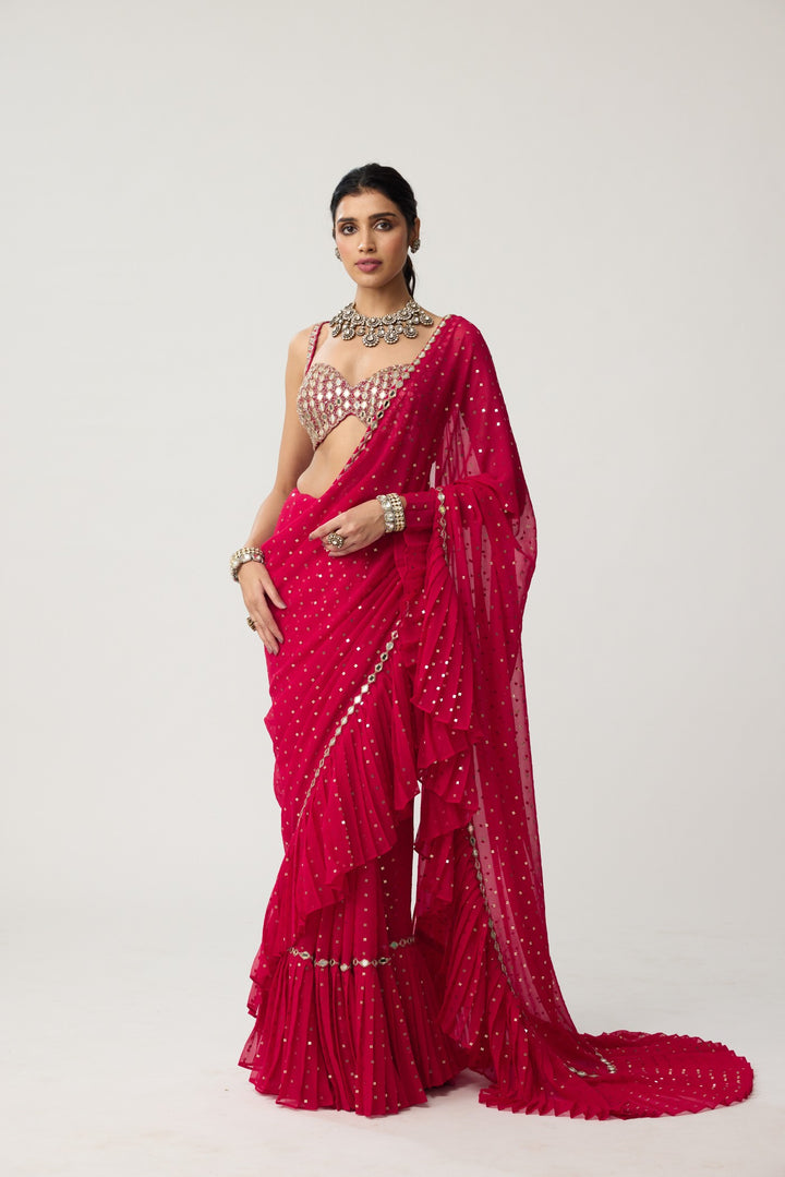 Crimson Red Ruffle Sequins Mirror Saree Set