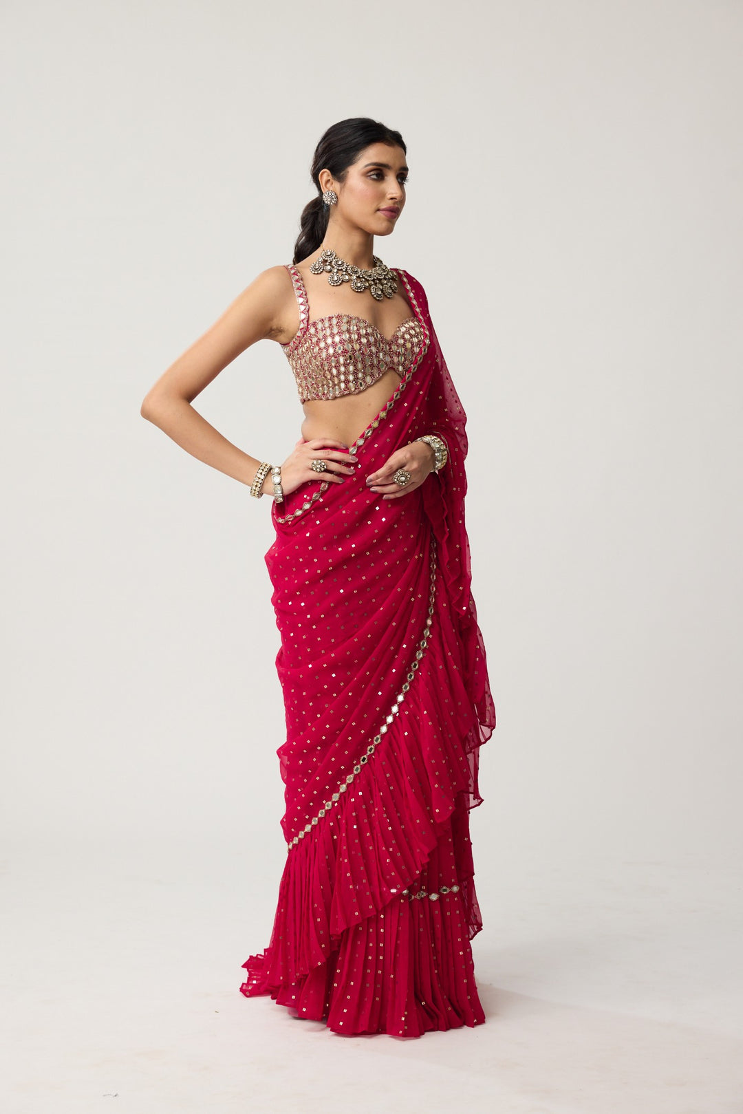 Crimson Red Ruffle Sequins Mirror Saree Set