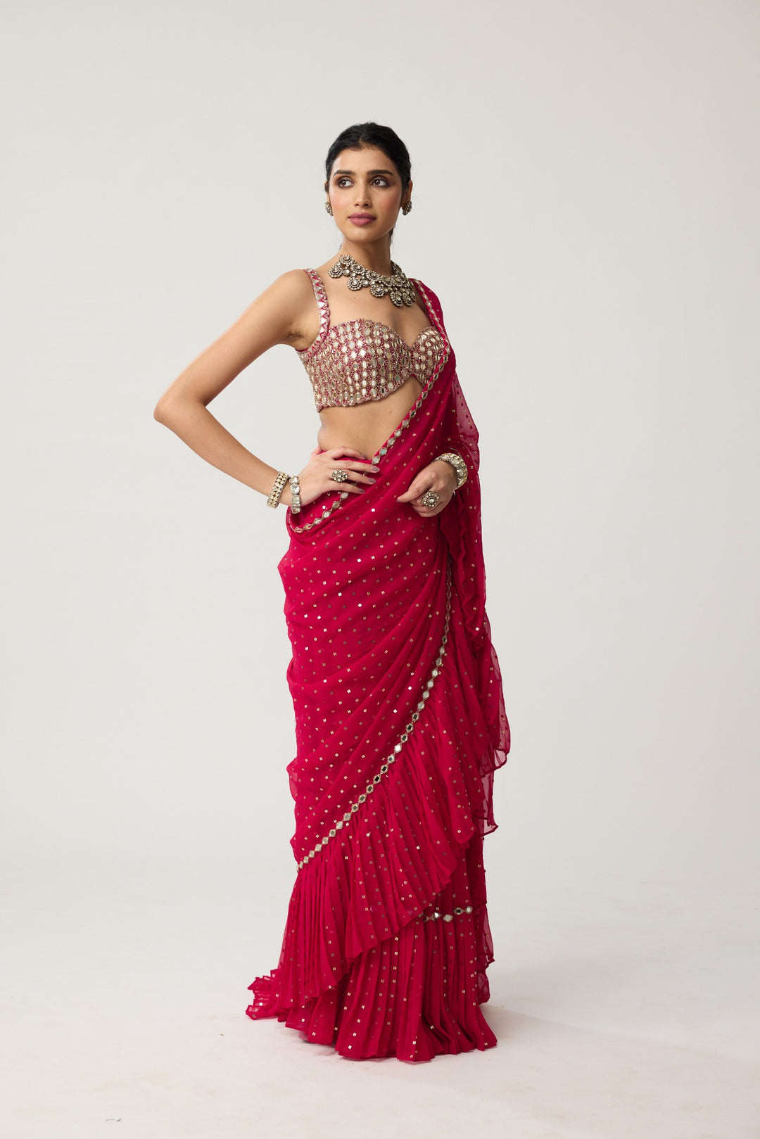 Crimson Red Ruffle Sequins Mirror Saree Set