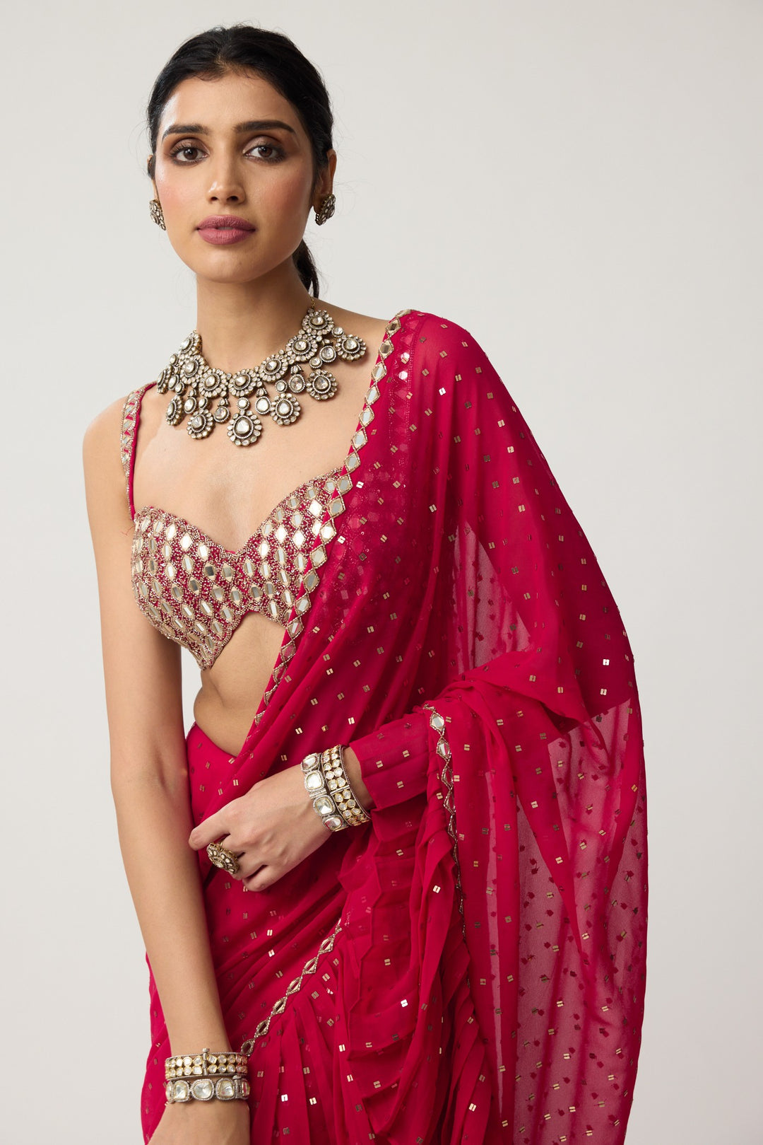 Crimson Red Ruffle Sequins Mirror Saree Set
